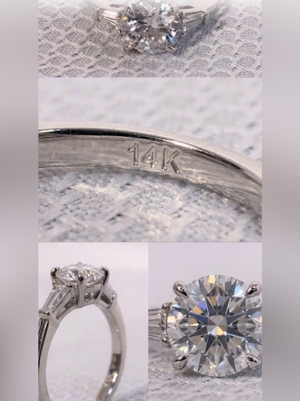 14K White Gold Round Moissanite Engagement Ring Baguette Accents
